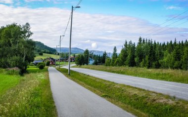 Norveç dağlarında asfalt yol. Tarım alanları. Ormanlar görünür köyü yakınlarında.