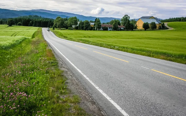 Asphalt Road Mountains Norway Agricultural Fields Forests Visible Village — Stock Photo, Image