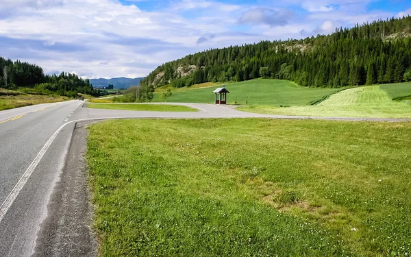 Camino Asfalto Las Montañas Noruega Campos Agrícolas Parada Autobús Para —  Fotos de Stock