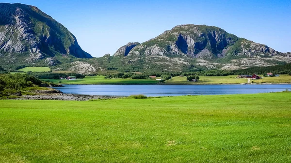 Vesnice na pobřeží norského fjordu — Stock fotografie