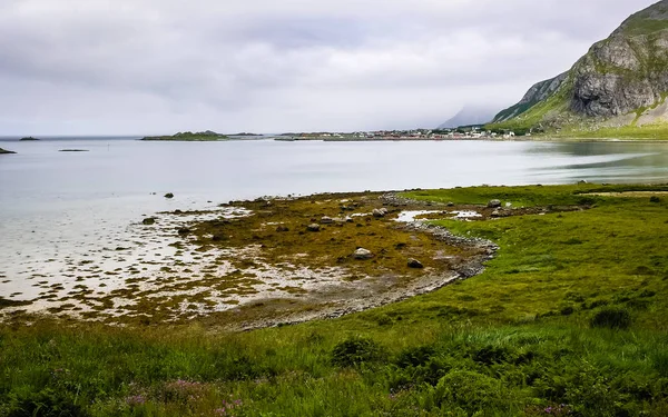 Uma aldeia na costa rochosa do fiorde na Noruega — Fotografia de Stock