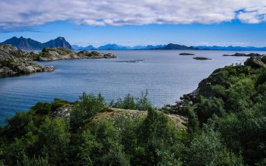 Düşük gelgit sırasında Norveç fiyortkayalık kıyıları 