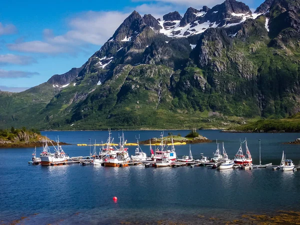Dorf an der Fjordküste mit Anlegestelle für Yachten und Boote — Stockfoto