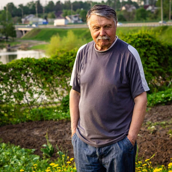 Mustachioed, ubarberet gammel mand hviler i parken - Stock-foto