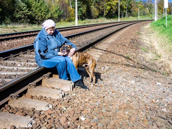 Femme mûre assise sur les rails de train avec chien de race boxer — Photo