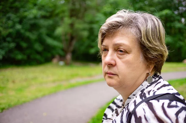 Mature Sad Woman Resting City Park Looking Distance — Stock Photo, Image