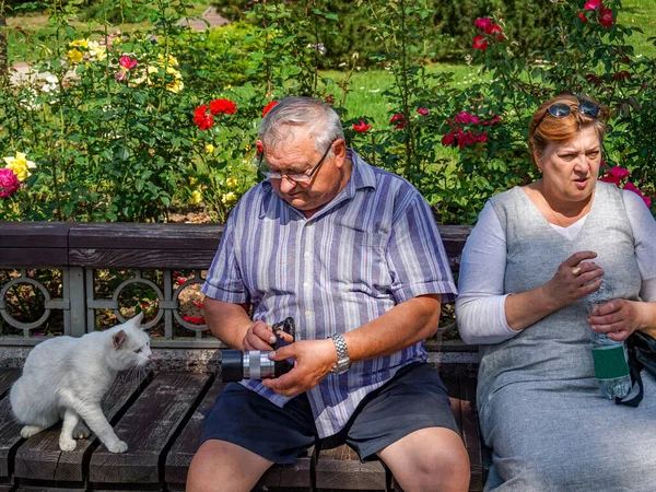 Coppia Matura Passeggia Parco Cittadino Tra Fiori — Foto Stock