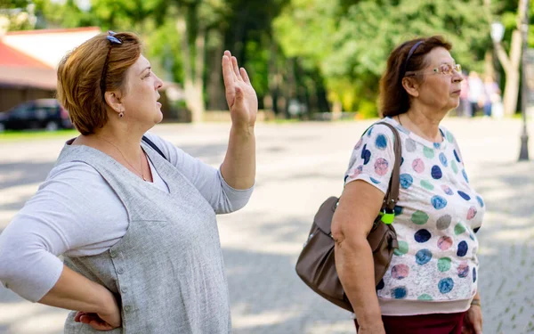 Två Trevliga Mogna Kvinnor Koppla Stadspark — Stockfoto