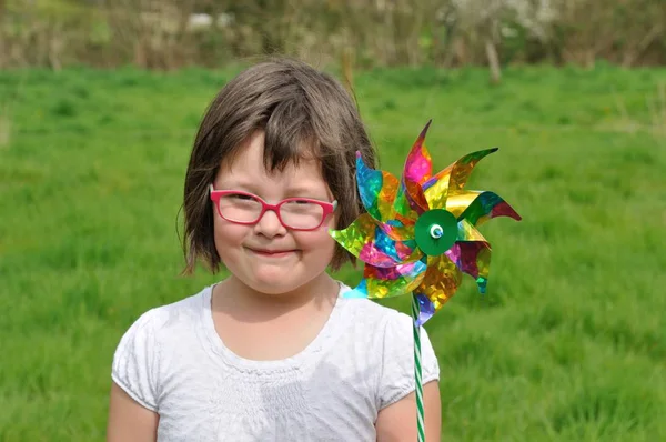 Portrait Young Girl Coloured Pinwheel — Stock Photo, Image