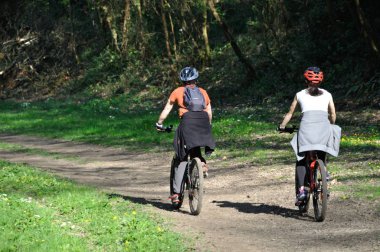 Saint-Brieuc_France, Nisan 08, 2017: Saint-Brieuc bir parkta bisikletçiler