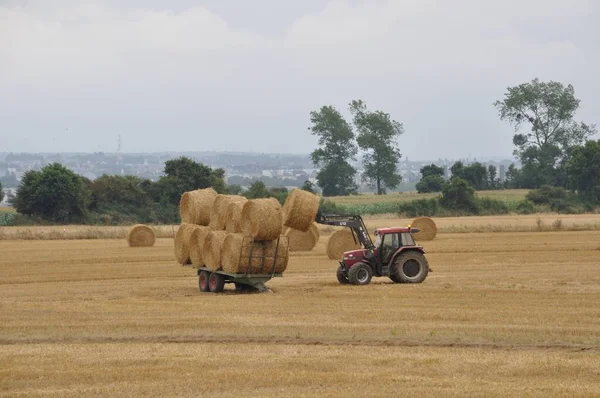 Traktor-Mähdrescher rollt Stroh an — Stockfoto