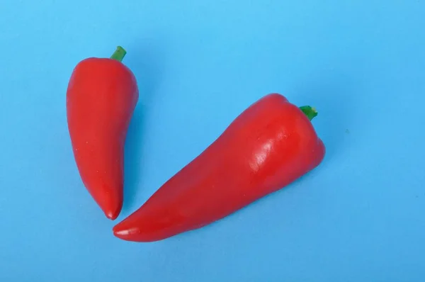 Rote lange Paprika auf blauem Speck — Stockfoto
