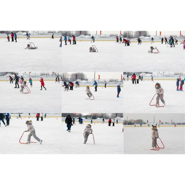 Set of photos of a girl skating on ice with a fall support device — Stock Photo, Image