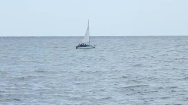 İnsanlarla birlikte küçük bir yelkenli yüzüyor..