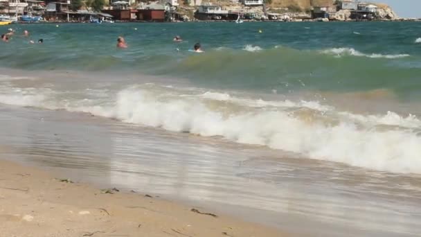 Karadeniz'de yüzen tatilcilerin olduğu bir plaj. — Stok video