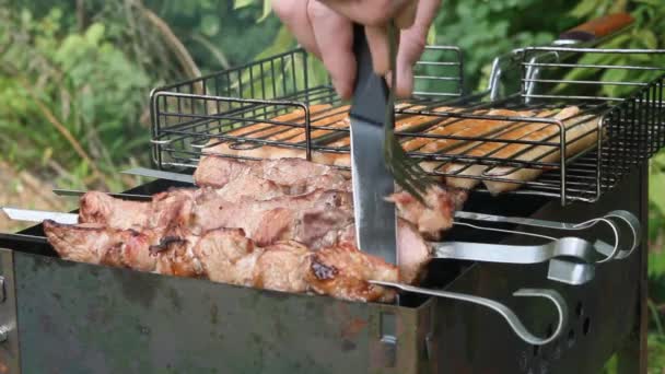 Gemischtes amerikanisches Grillgut auf heißem Grill. — Stockvideo