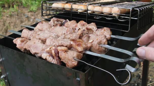 Grilla på grillen. Shashlik gjord av kuber av kött på spett — Stockvideo