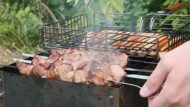 Barbacoa en la parrilla. Shashlik hecho de cubos de carne en los pinchos — Vídeo de stock