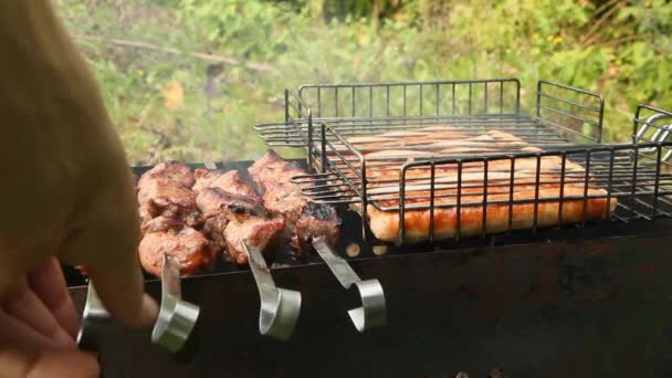 Mieszane amerykańskie jedzenie grilla na gorącym grillu. — Wideo stockowe