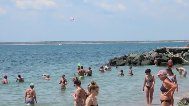 Paraquedas sobre a praia com veranistas no mar . — Vídeo de Stock