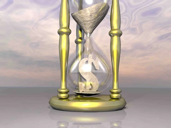 Tid er penge: Golden Timeglas til Dollars 3D-gengivelse - Stock-foto