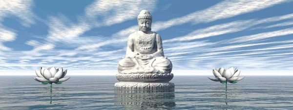 Fehér Buddha meditál nap-3D teszi — Stock Fotó