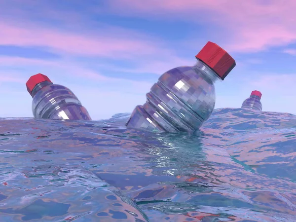 Zanieczyszczenie plastikowych butelek w oceanie-renderowanie 3D — Zdjęcie stockowe