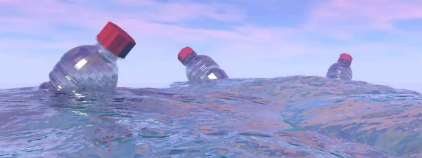 Okyanusta plastik şişe kirliliği - 3d render — Stok fotoğraf