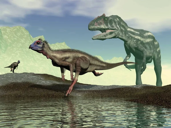 Гипсилофодоны-динозавры, бегущие от аллозавра - 3D рендеринг — стоковое фото
