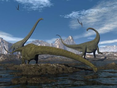 Mamenchisaurus dinozorları yürür ve içerler.