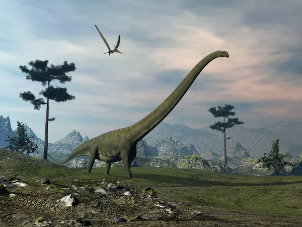 Mamenchisaurus dinozor yürüyüşü - 3D görüntüleme — Stok fotoğraf
