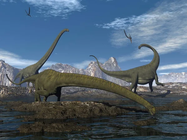 Los dinosaurios Mamenchisaurus caminan y beben - 3D render — Foto de Stock