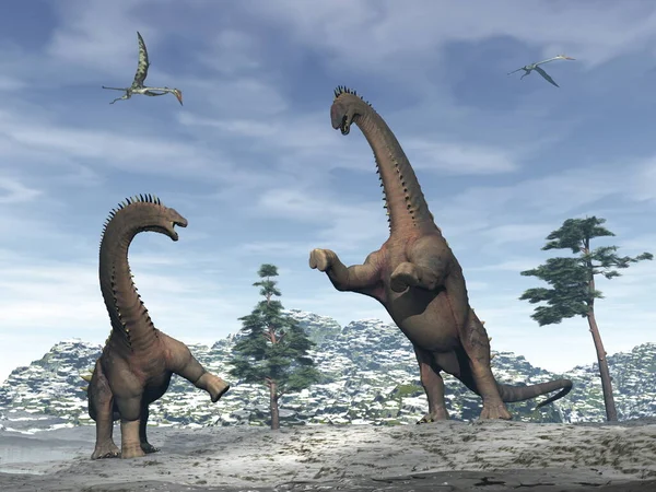 Les dinosaures d'Alamosaurus combattent en montagne - rendu 3D — Photo