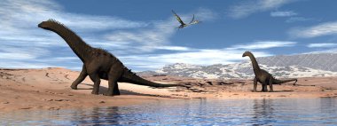 Alamosaurus dinozorları göl kenarında yürür.