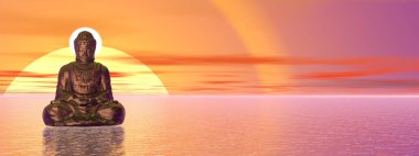 Gün batımına kadar tek başına meditasyon yapan barışçıl Buda - 3 boyutlu görüntüleme