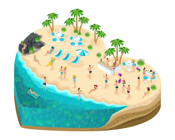 Isometry isla en forma de corazón, un regalo para todos los amantes del día. Vacaciones 3D personas se divierten en la fabulosa isla del amor — Archivo Imágenes Vectoriales