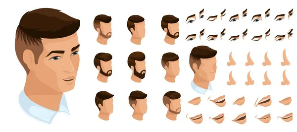 Isometrics create your emotions for a man a businessman. Sets of 3D hairstyles, faces, eyes, lips, nose, facial expression. Qualitative vector isometry