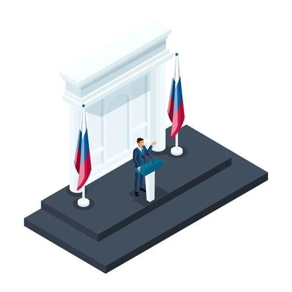 Isometrie Geschäftsmann Präsidentschaftskandidat, 3d Kandidat spricht bei einem Briefing im Kreml. Russische Flagge, Wahlen, Wahlen, Vorwärtsbewegung — Stockvektor