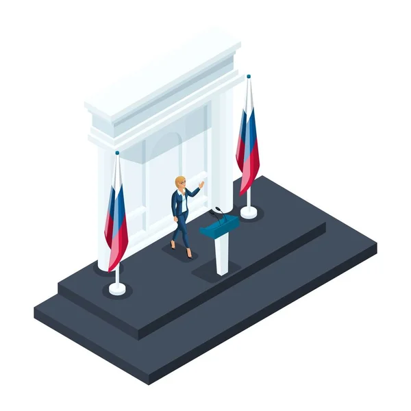 Isometrie is de Voorzitter van een vrouw, een 3D-presidentiële kandidaat spreekt tijdens een briefing in het Kremlin. Toespraak van de kandidaat-lidstaten, de Russische vlag, verkiezingen, stemmen — Stockvector