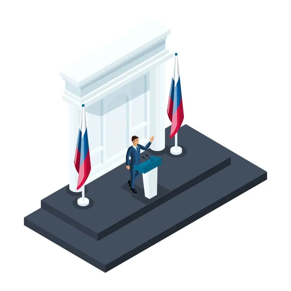 Isometrie mannelijke presidentskandidaat, 3d kandidaat spreken tijdens een briefing in het Kremlin. Spraak, Russische vlag, verkiezingen, stemmen — Stockvector
