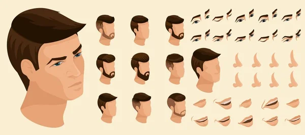 Isometrics create your emotions for a man. Sets of 3D hairstyles, faces, eyes, lips, nose, facial expression. Qualitative vector isometry — Stock Vector