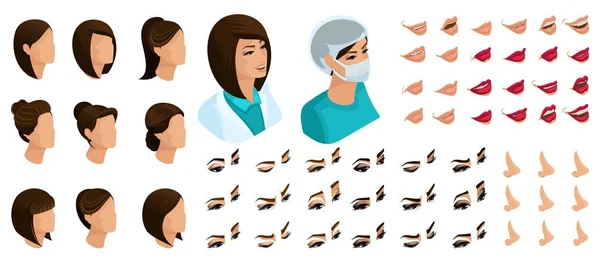 L'isométrie crée vos émotions pour une femme médecin et chirurgien. Ensembles de coiffures 3D, visages, yeux, lèvres, nez, expression faciale — Image vectorielle