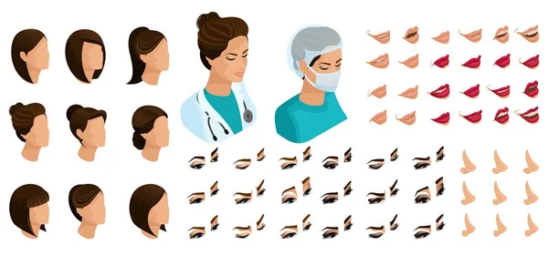 L'isométrie crée vos émotions pour une femme chirurgienne. Ensembles de coiffures 3D, visage, yeux, lèvres, nez, expression faciale, maquillage, couleur rouge à lèvres — Image vectorielle