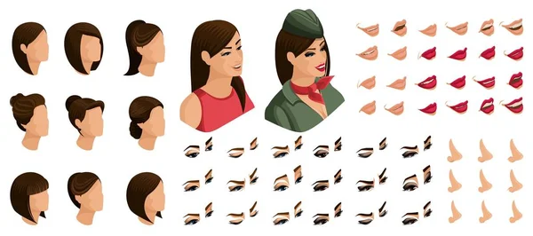 Isometrics créer vos émotions et coiffures filles en uniforme militaire. Ensembles de coiffures 3D, visages, yeux, lèvres, nez, expression faciale — Image vectorielle