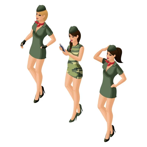Algum de uma menina, meninas sexy 3D em uniforme militar, loira, morena, de cabelos castanhos. Excelente figura de maquilagem brilhante, personagens no dia 23 de fevereiro — Vetor de Stock