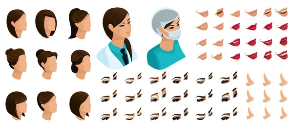 L'isométrie crée vos émotions pour une femme chirurgienne. Ensembles de coiffures 3D, visages, yeux, lèvres, nez, expression faciale — Image vectorielle