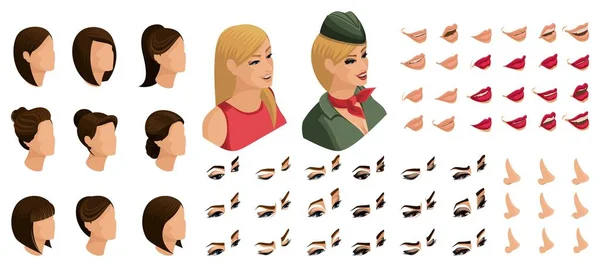 Isometrics maken uw emoties en kapsels voor een blond meisje in militair uniform. Verzamelingen van 3d kapsels, gezichten, ogen, lippen, neus, gelaatsuitdrukking — Stockvector
