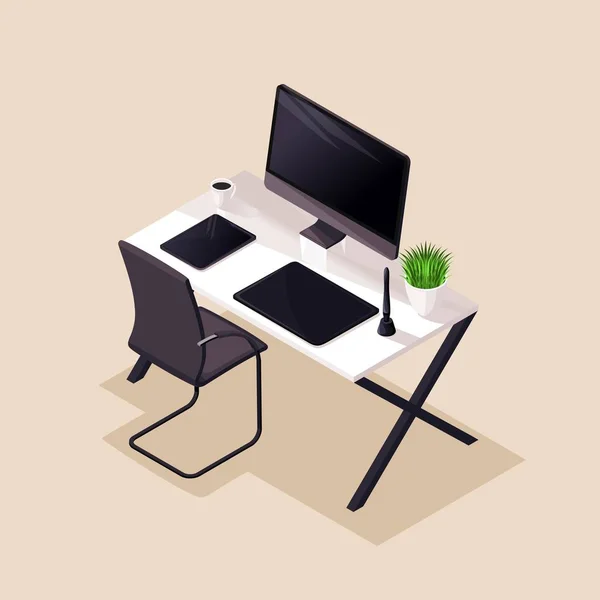 Isometry, bureau, lieu de travail confortable, moniteur, tablette graphique, chaise confortable. Beau concept pour les illustrations — Image vectorielle