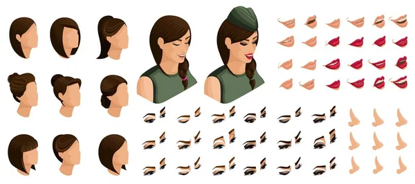 Isomrics creare le vostre emozioni e acconciature per una ragazza con una falce in uniforme militare. Set di acconciature 3D, volti, occhi, labbra, naso, espressione facciale — Vettoriale Stock