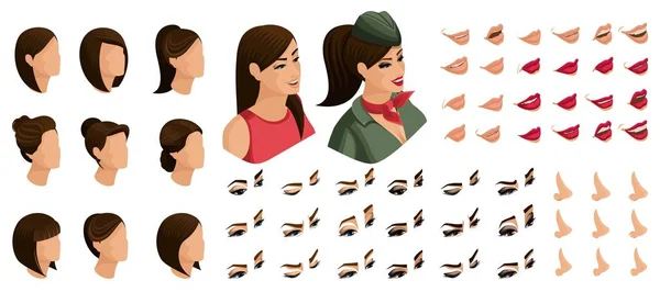 L'isométrie crée vos émotions pour une adolescente avec des lunettes et un chapeau. Ensembles de coiffures 3D, visages, yeux, lèvres, nez, expression faciale — Image vectorielle